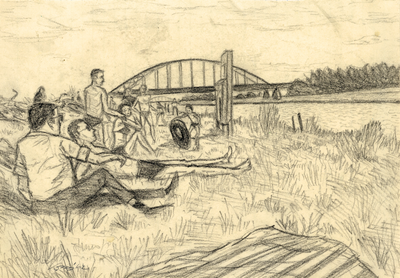 202758 Afbeelding van recreërende mensen op de oever van het Amsterdam-Rijnkanaal te Utrecht, met op de achtergrond de ...